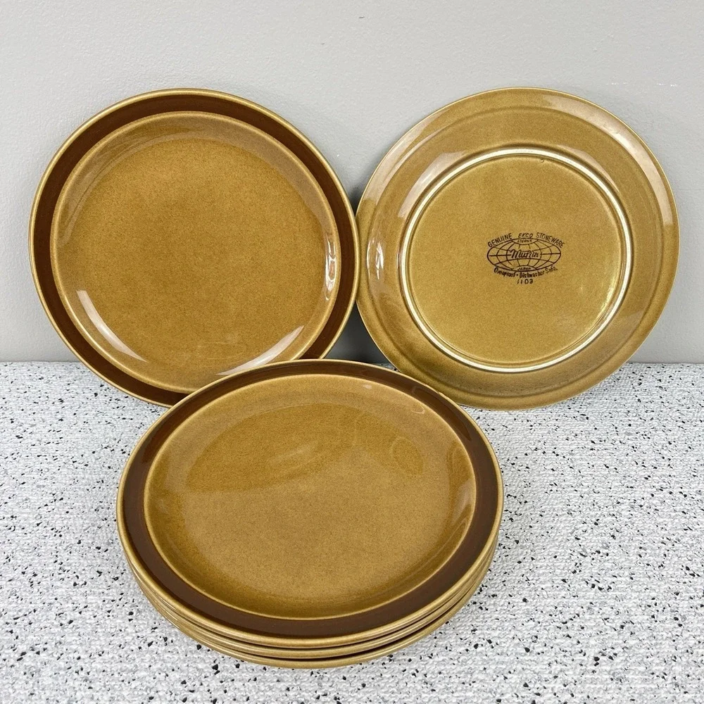 Vtg EKCO Eterna 1103 Muffin Pattern Stoneware Salad Plates Lot of 5 Brown 7.75